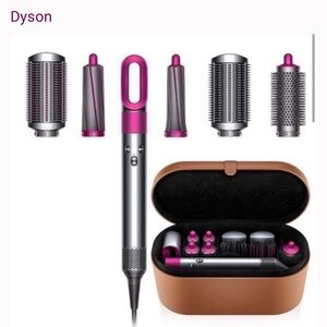 Dyson Airwrap in pink and silver with tan case